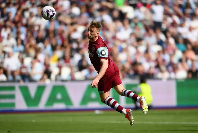 Jarrod Bowen of West Ham United heads the ball