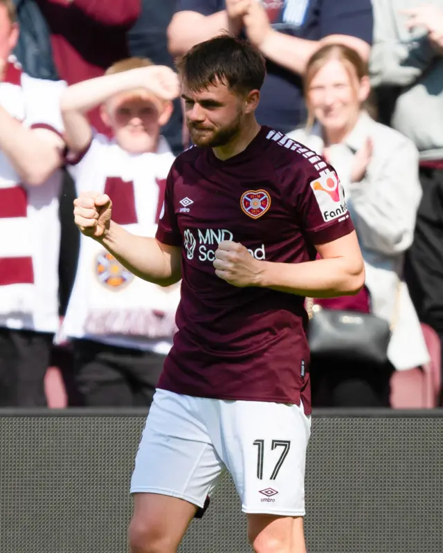 Alan Forrest celebrates scoring Hearts' second goal