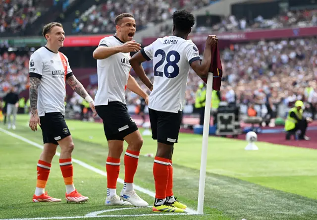 Albert Sambi Lokonga of Luton Town celebrates