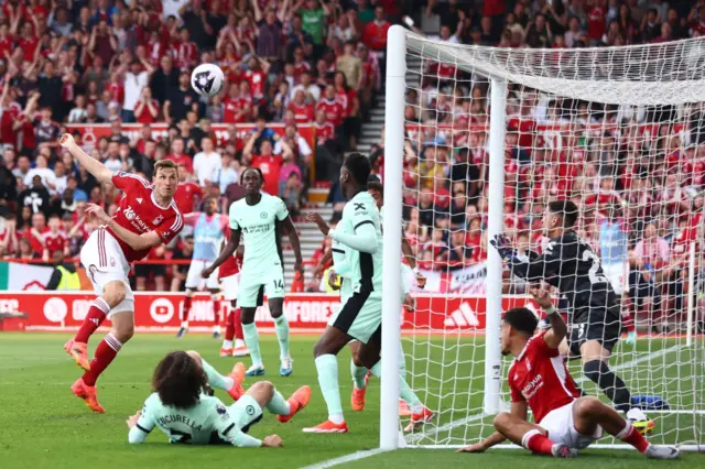 Chris Wood of Nottingham Forest shoot during the Premier League match between Nottingham Forest and Chelsea FC