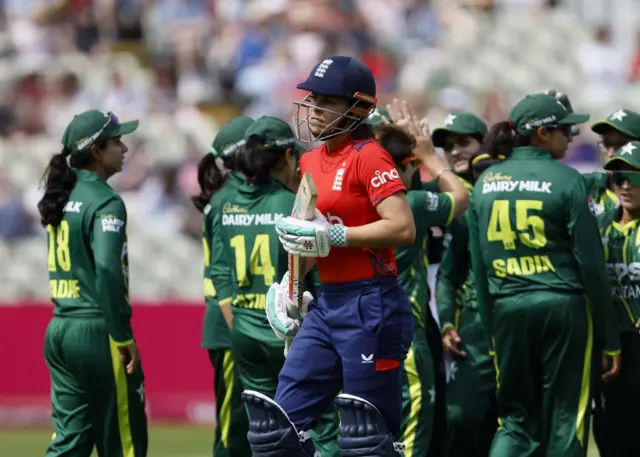 Maia Bouchier walks off after being dismissed against Pakistan