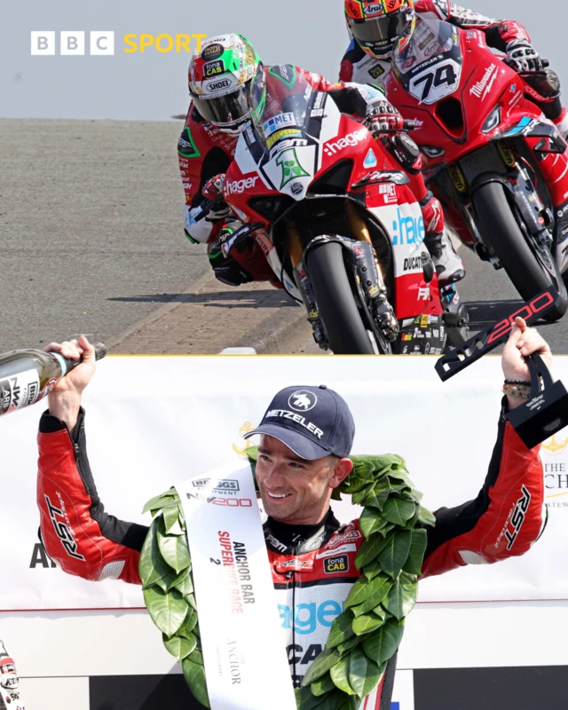 Glenn Irwin celebrates winning the NW200 Superbike Race