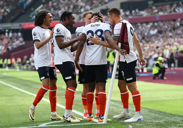 : Albert Sambi Lokonga of Luton Town celebrates