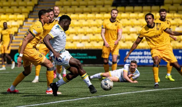 St Johnstone's Adama Sidibeh scores to make it 1-0 during a cinch Premiership match between Livingston and St Johnstone at the Tony Macaroni Arena, on May 11, 2024, in Livingston, Scotland. (Photo by Sammy Turner / SNS Group)