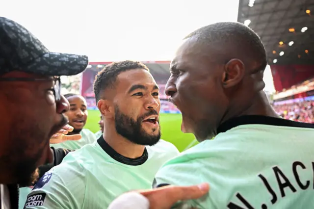 Nicolas Jackson of Chelsea celebrates scoring his team's third goal with teammate Reece James during the Premier League match between Nottingham Forest and Chelsea FC