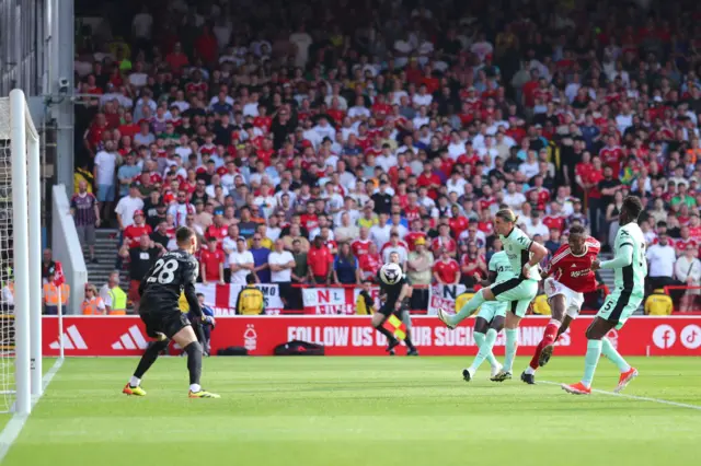 Willy-Arnaud Boly of Nottingham Forest scores a goal to make it 1-1 during the Premier League match between Nottingham Forest and Chelsea FC