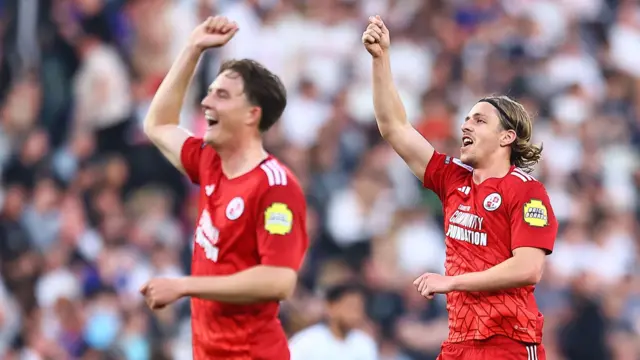 Danilo Orsi (right) celebrates scoring Crawley Town's second goal