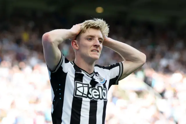 Anthony Gordon of Newcastle United reacts after his goal is disallowed during the Premier League match between Newcastle United and Brighton & Hove Albion