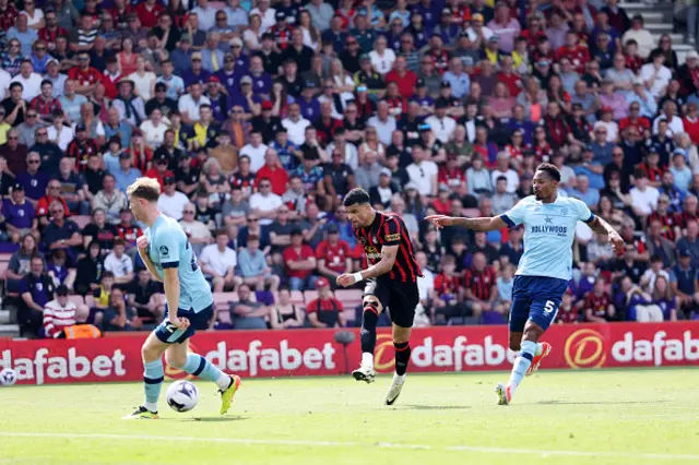 Dominic Solanke of AFC Bournemouth scores his team's first goal