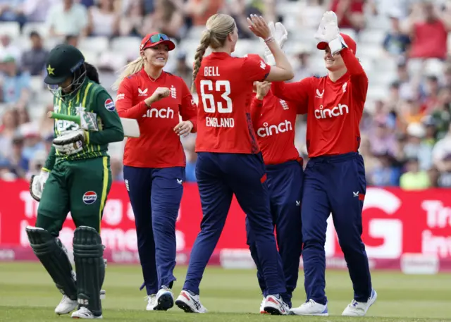 Lauren Bell celebrates a wicket