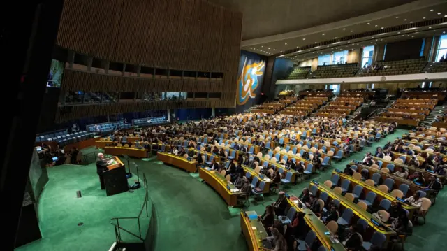 Palestinian Ambassador to the United Nations Riyad Mansour addresses delegates during the United Nations General Assembly, 10 May