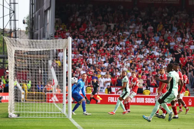 Thiago Silva of Chelsea heads on to the post during the Premier League match between Nottingham Forest and Chelsea FC