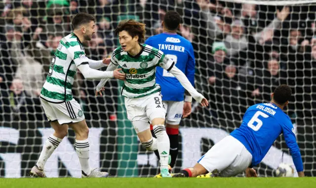 Kyogo wheels away after making it 2-0 to Celtic on 30 December