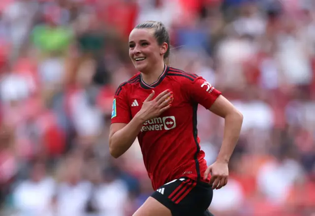 Ella Toone of Manchester United celebrates scoring her team's first goal during the Adobe Women's FA Cup Final match between Manchester United and Tottenham Hotspur