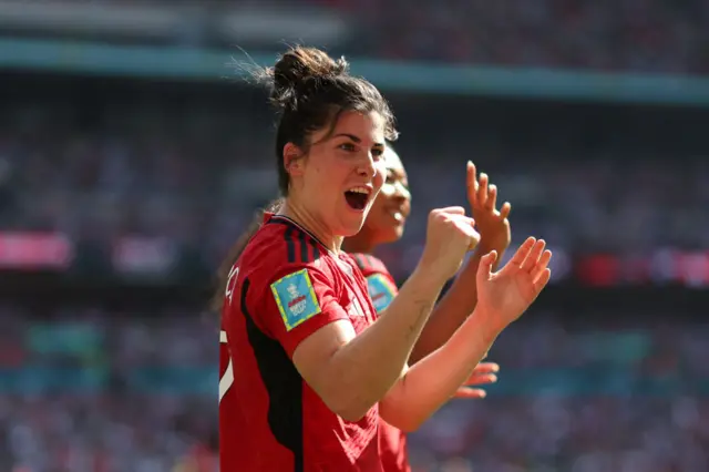 Lucia Garcia of Manchester United celebrates as she leaves the pitch during the Adobe Women's FA Cup Final match between Manchester United and Tottenham Hotspur