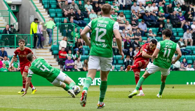 Bojan Miovski has a shot for Aberdeen against Hibernian