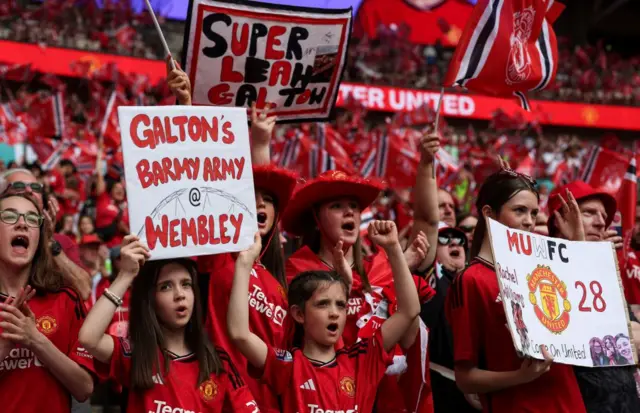 United fans hold up signs in support of the players