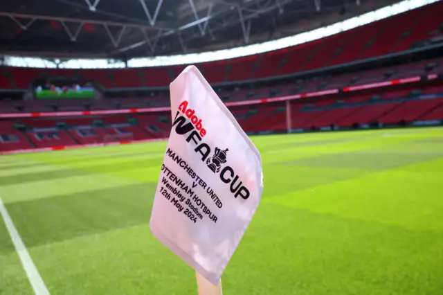 Corner flag at Wembley with FA Cup final information on it