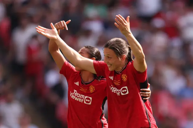 Rachel Williams of Manchester United celebrates scoring her team's second goal during the Adobe Women's FA Cup Final match between Manchester United and Tottenham Hotspur