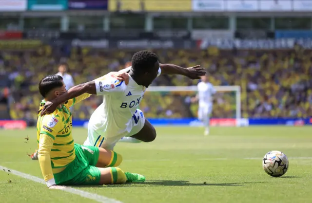 Leeds' Willy Gnonto goes down under the challenge of Norwich's Borja Sainz