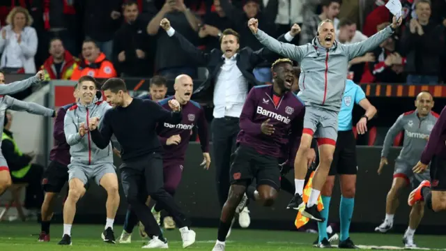 Bayer Leverkusen celebrate in their Europa League semi-final