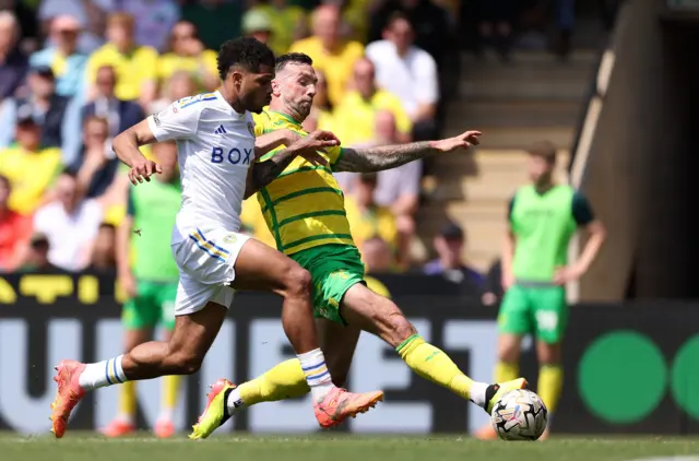 Leeds' Crysencio Summerville takes on Norwich's Shane Duffy