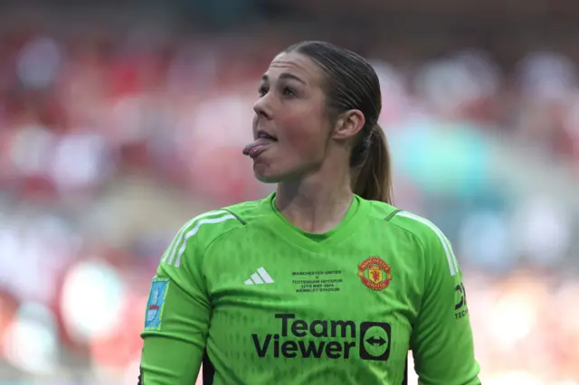 Mary Earps of Manchester United looks on as she reacts during the Adobe Women's FA Cup Final match between Manchester United and Tottenham Hotspur