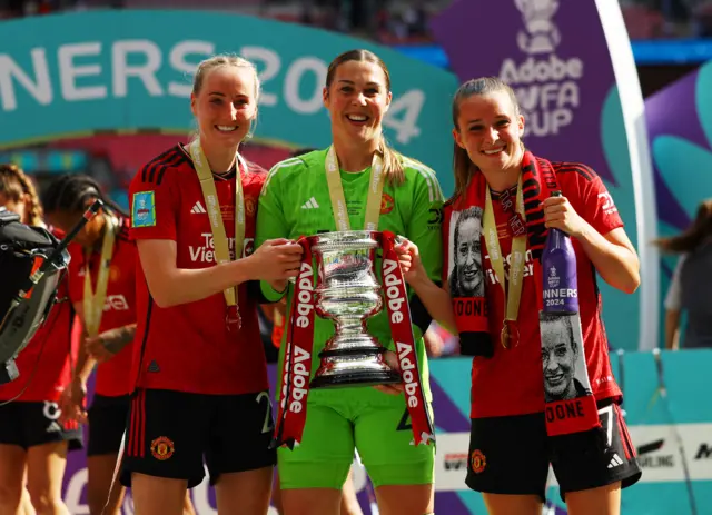 Mary Earps, Millie Turner and Ella Toone with FA Cup trophy