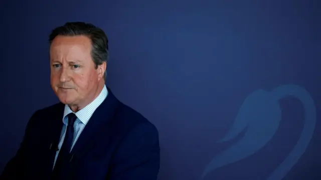 Britain's Foreign Secretary David Cameron delivers a speech at the National Cyber Security Centre in London, Britain, on May 9, 2024