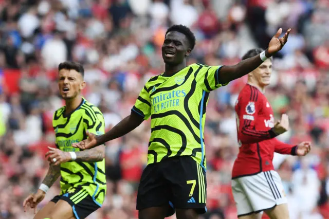 Bukayo Saka of Arsenal reacts during the Premier League match between Manchester United and Arsenal FC