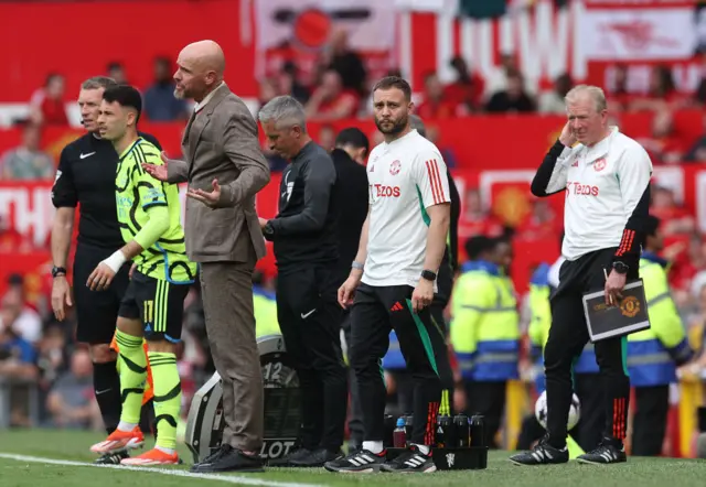 Manager Erik ten Hag of Manchester United watches from the touchline during the Premier League match between Manchester United and Arsenal FC