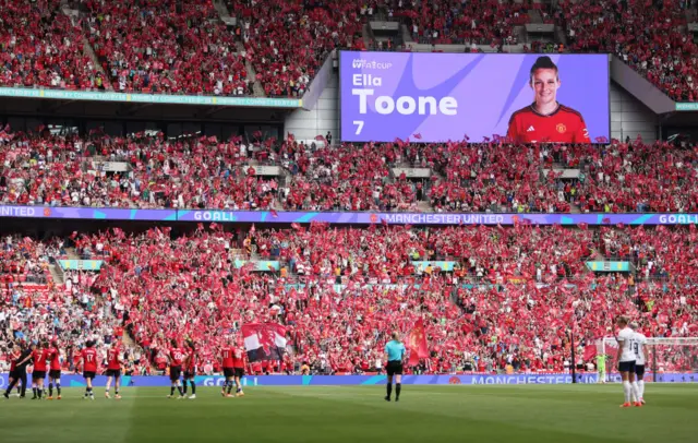 The LED board shows the goal scored by Ella Toone of Manchester United during the Adobe Women's FA Cup Final match between Manchester United and Tottenham Hotspur