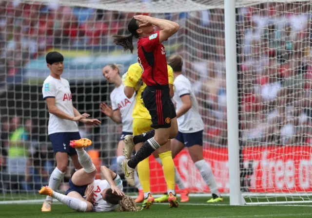 Rachel Williams of Manchester United reacts after a missed chance during the Adobe Women's FA Cup Final match between Manchester United and Tottenham Hotspur