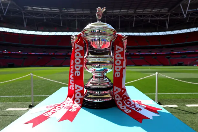 FA Cup trophy pitchside at Wembley