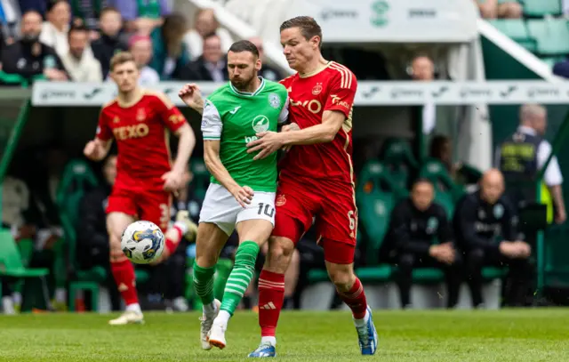 Hibernian's Martin Boyle tussles with Aberdeen's Stefan Gartenmann