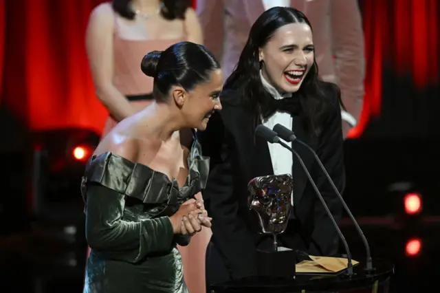 Lizzie Davidson and Kat Sadler accept the scripted comedy award for Such Brave Girls