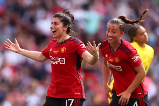 Lucia Garcia of Manchester United celebrates scoring the third goal during the Adobe Women's FA Cup Final match between Manchester United and Tottenham Hotspur