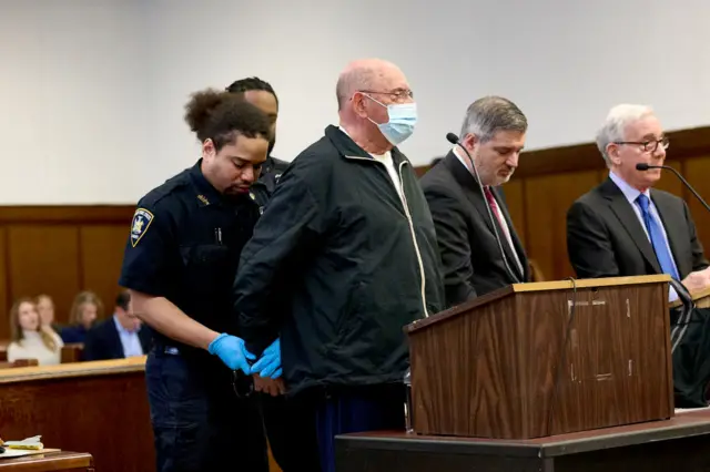 Allen Weisselberg, former chief financial officer of Trump Organization, third right, at criminal court in New York on April 10, 2024