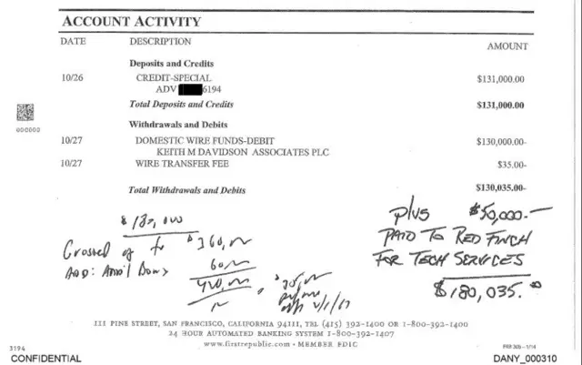 A portion of a bank statement shown as evidence in the Donald Trump hush-money trial