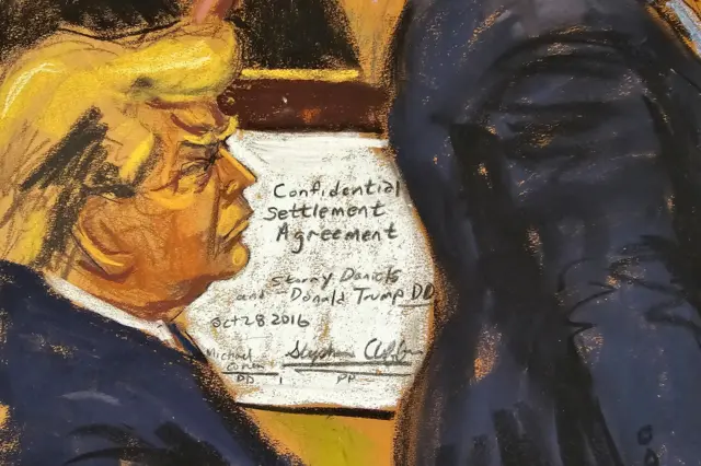 Court sketch of Trump with hush-money agreement