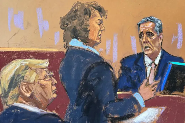 Michael Cohen is questioned by prosecutor Susan Hoffinger as former U.S. President Donald Trump sits with his eyes closed during Trump's criminal trial on charges that he falsified business records to conceal money paid to silence porn star Stormy Daniels in 2016, in Manhattan state court in New York City