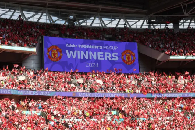 Sign a Wembley above fans confirming Manchester United as winners of the FA Cup