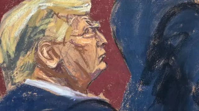 Court artist Jane Rosenberg sketched Donald Trump with his eyes closed during proceedings on Monday.