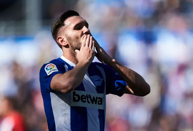 Deportivo Alaves' Lucas Perez celebrates scoring a goal against Athletic Club at Estadio de Mendizorroza on February 23, 2020