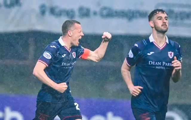 Raith Rovers' Scott Brown celebrates after scoring to make it 1-0 during a cinch Premiership play-off semi-final first leg match between Partick Thistle and Raith Rovers at Wyre Stadium at Firhill, on May 14, 2024, in Glasgow, Scotland.