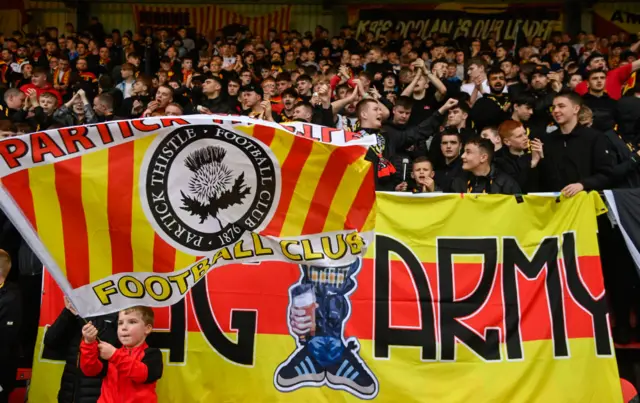 Partick Thistle fans during a cinch Premiership play-off semi-final first leg match between Partick Thistle and Raith Rovers at Wyre Stadium at Firhill, on May 14, 2024, in Glasgow, Scotland.