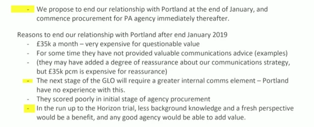 Screenshot of document detailing reasons why the Post Office should find a new external comms provider