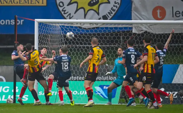 Partick Thistle's Brian Graham has a shot during a cinch Premiership play-off semi-final first leg match between Partick Thistle and Raith Rovers at Wyre Stadium at Firhill, on May 14, 2024, in Glasgow, Scotland.