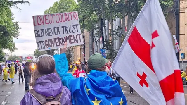 Two people carrying a 'Love your country, but never trust the government' sign