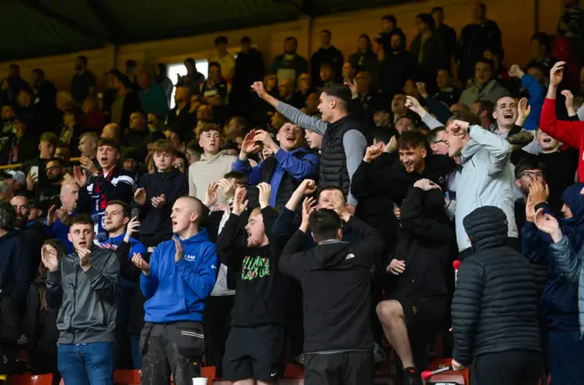 Raith Rovers fans during a cinch Premiership play-off semi-final first leg match between Partick Thistle and Raith Rovers at Wyre Stadium at Firhill, on May 14, 2024, in Glasgow, Scotland.